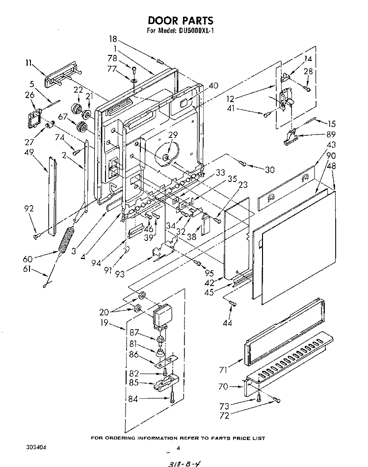 DOOR Diagram and Parts List for DU5000XL1  Whirlpool Dishwasher