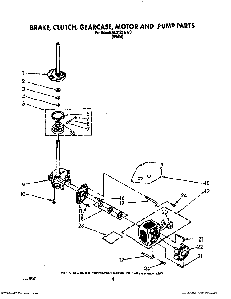 BRAKE, CLUTCH, GEARCASE, MOTOR AND PUMP Diagram and Parts List for AL2121WW0  Whirlpool Washer