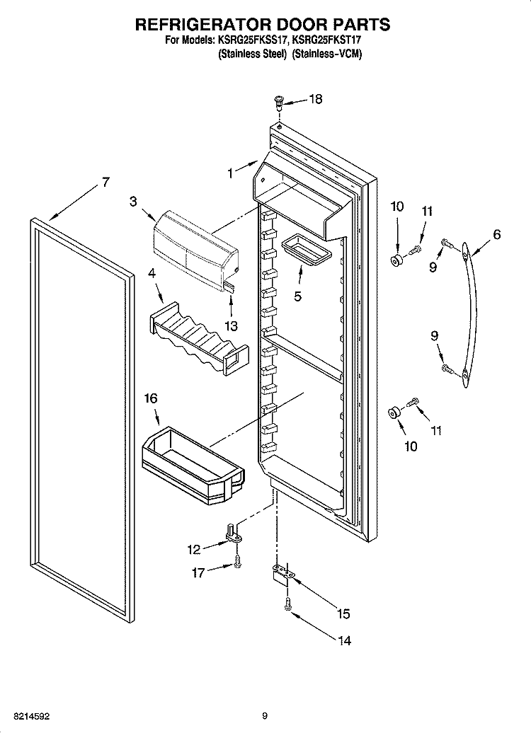 REFRIGERATOR DOOR PARTS Diagram and Parts List for KSRG25FKSS17  KitchenAid Refrigerator