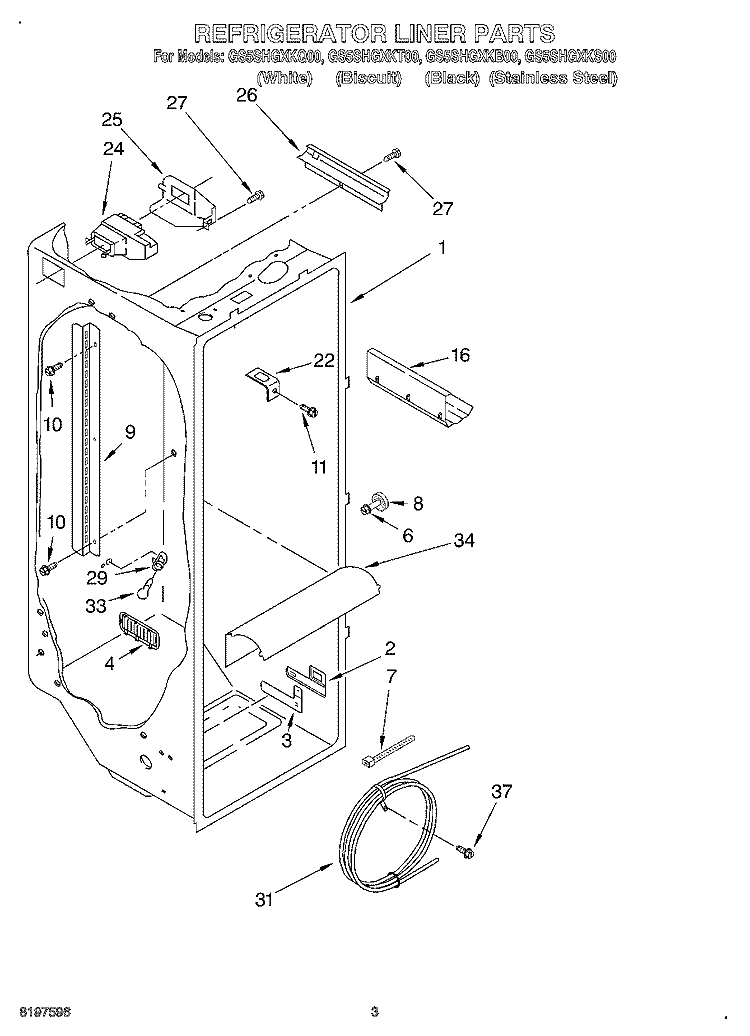 REFRIGERATOR LINER Diagram and Parts List for GS5SHGXKQ00  Whirlpool Refrigerator