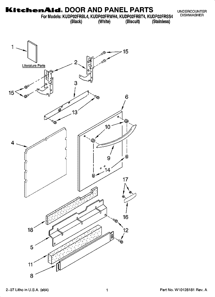 DOOR AND PANEL PARTS Diagram and Parts List for KUDP02FRBL4  KitchenAid Dishwasher