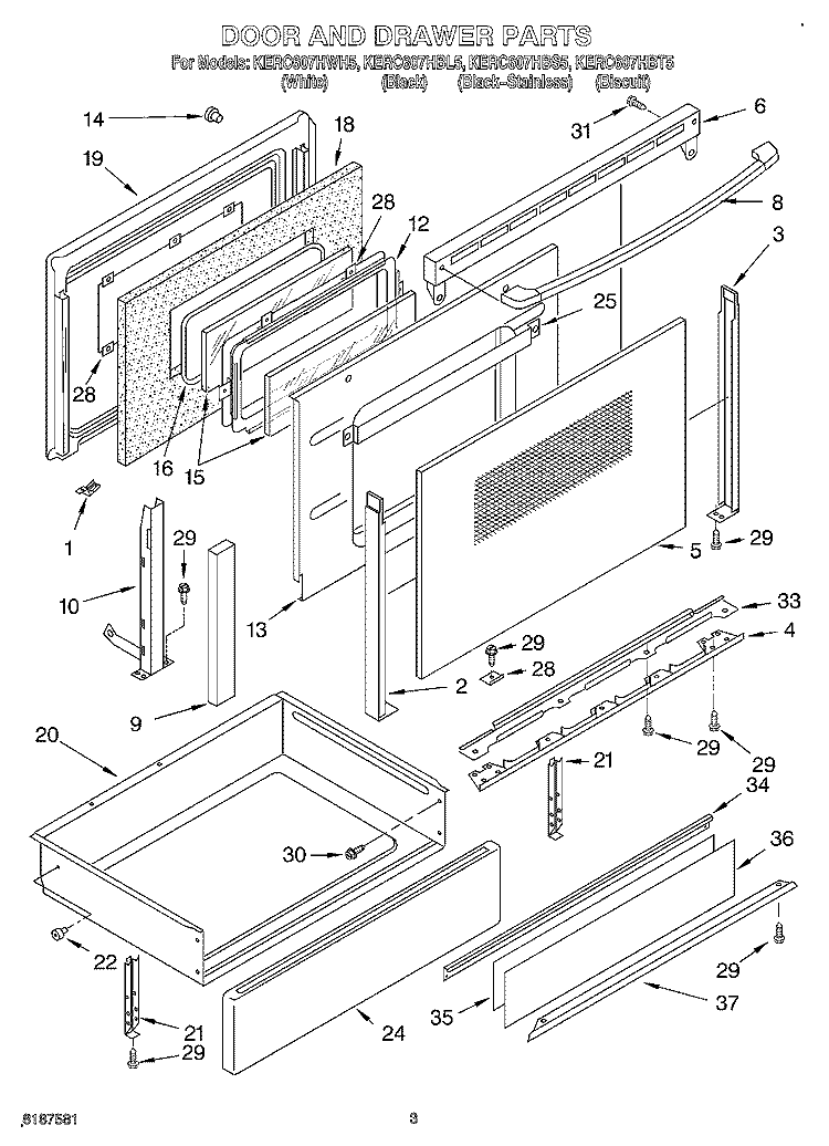 DOOR AND DRAWER Diagram and Parts List for KERC607HBT5  KitchenAid Range