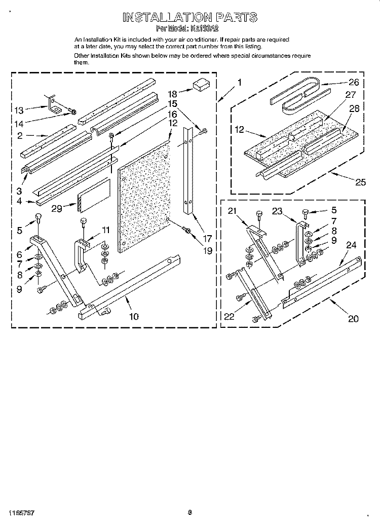 INSTALLATION PARTS Diagram and Parts List for RE183A2  Whirlpool Air Conditioner