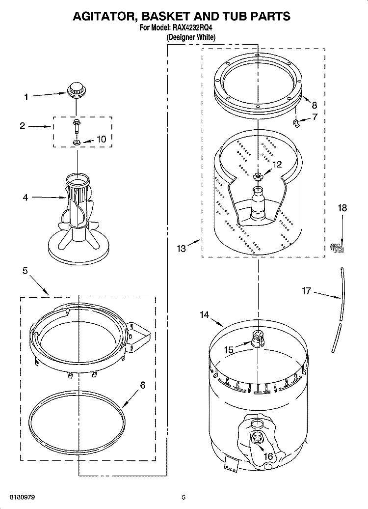 AGITATOR, BASKET AND TUB PARTS Diagram and Parts List for RAX4232RQ4  Roper Washer