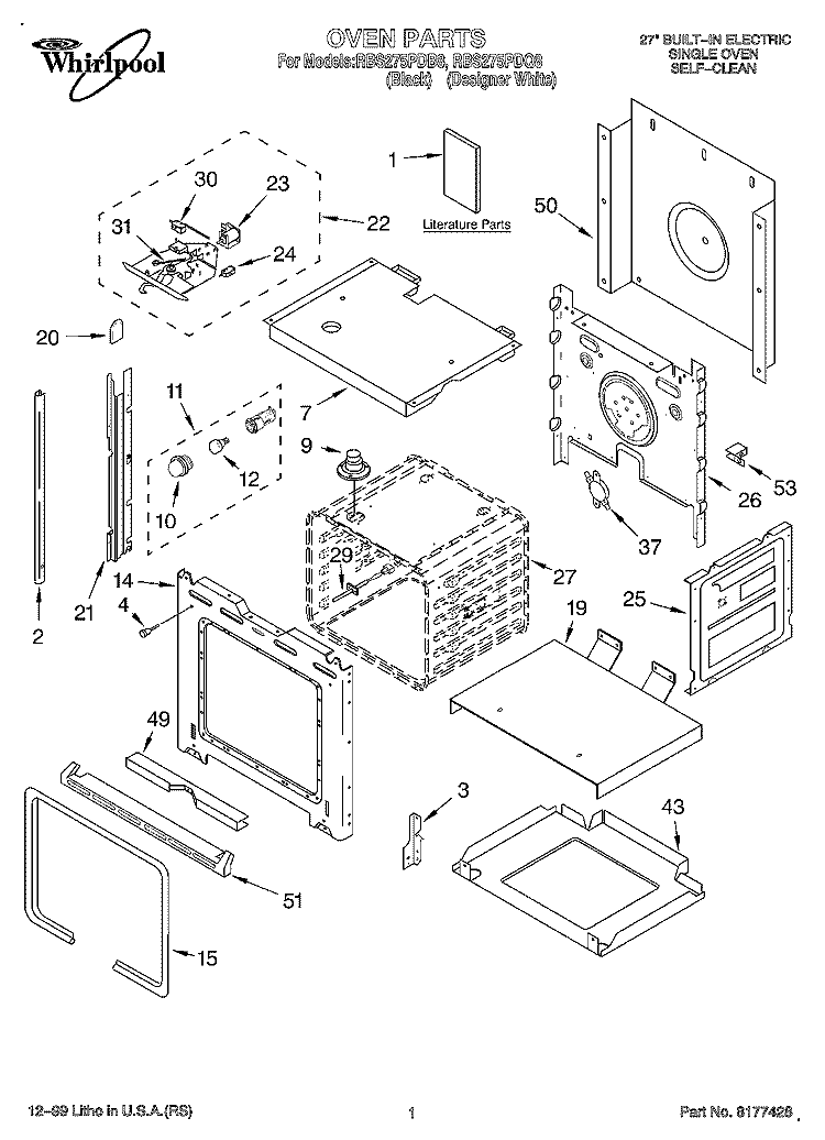 OVEN, LITERATURE Diagram and Parts List for RBS275PDB8  Whirlpool Wall Oven