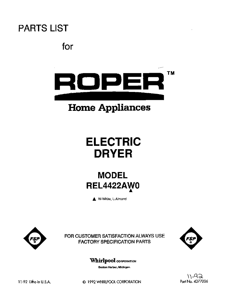 SECTION Diagram and Parts List for REL4422AW0  Roper Dryer