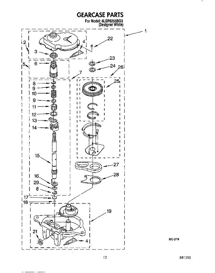 GEARCASE Diagram and Parts List for 6LSP8255BQ3  Whirlpool Washer
