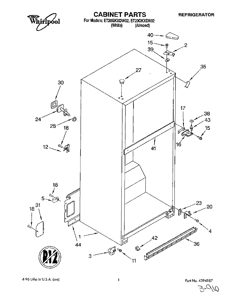 CABINET Diagram and Parts List for ET20GKXDW02  Whirlpool Refrigerator