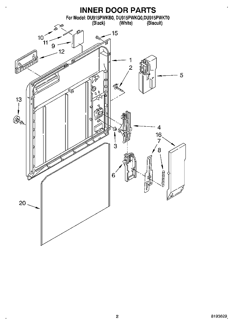 INNER DOOR Diagram and Parts List for DU915PWKT0  Whirlpool Dishwasher