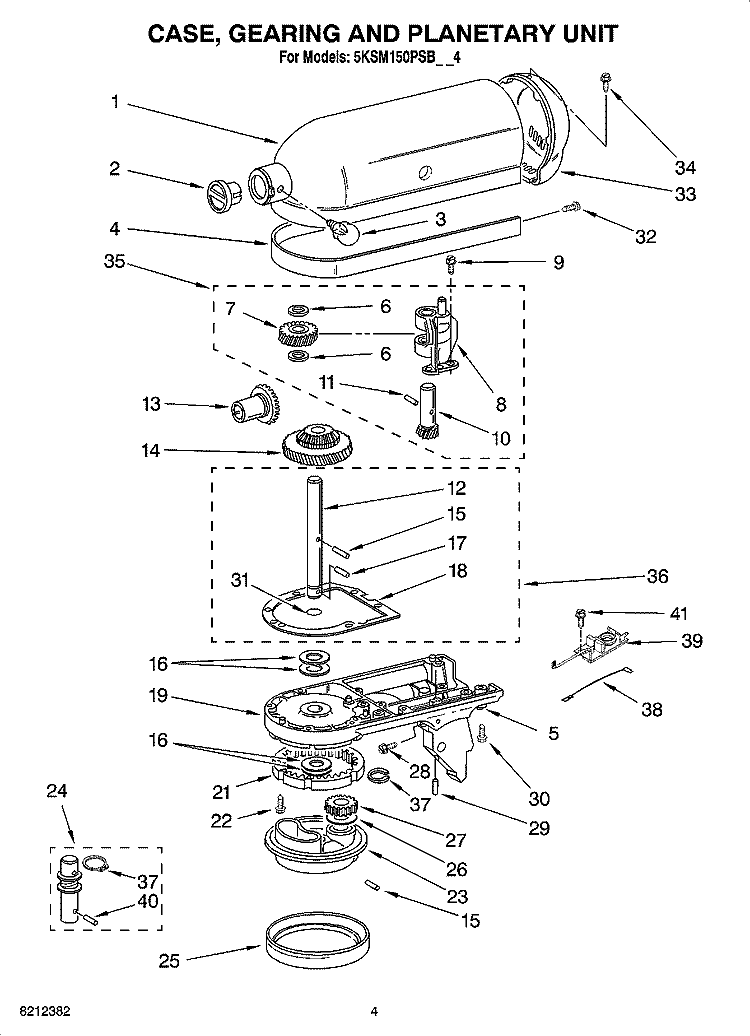 CASE, GEARING AND PLANETARY UNIT Diagram and Parts List for 5KSM150PSBAC4  KitchenAid Mixer