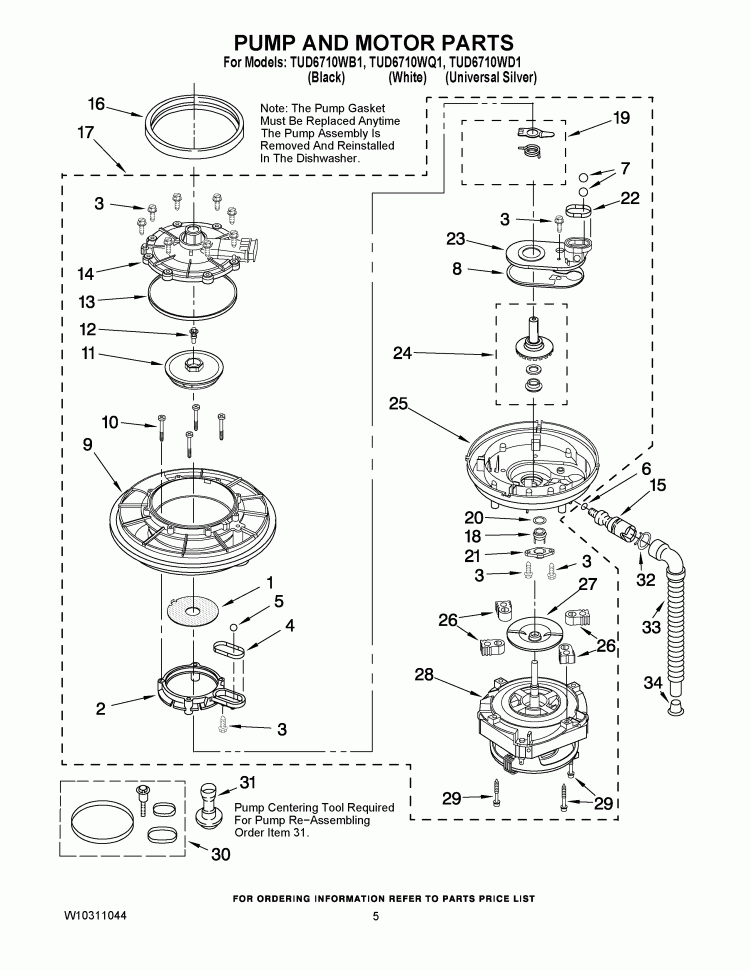 PUMP AND MOTOR PARTS Diagram and Parts List for TUD6710WB1  Estate Dishwasher