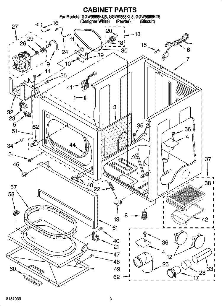 CABINET PARTS Diagram and Parts List for GGW9868KL5  Whirlpool Dryer