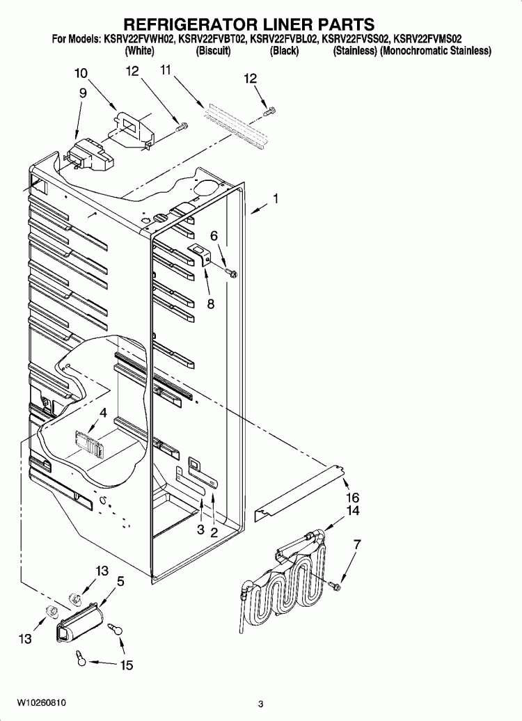 REFRIGERATOR LINER PARTS Diagram and Parts List for KSRV22FVSS02  KitchenAid Refrigerator