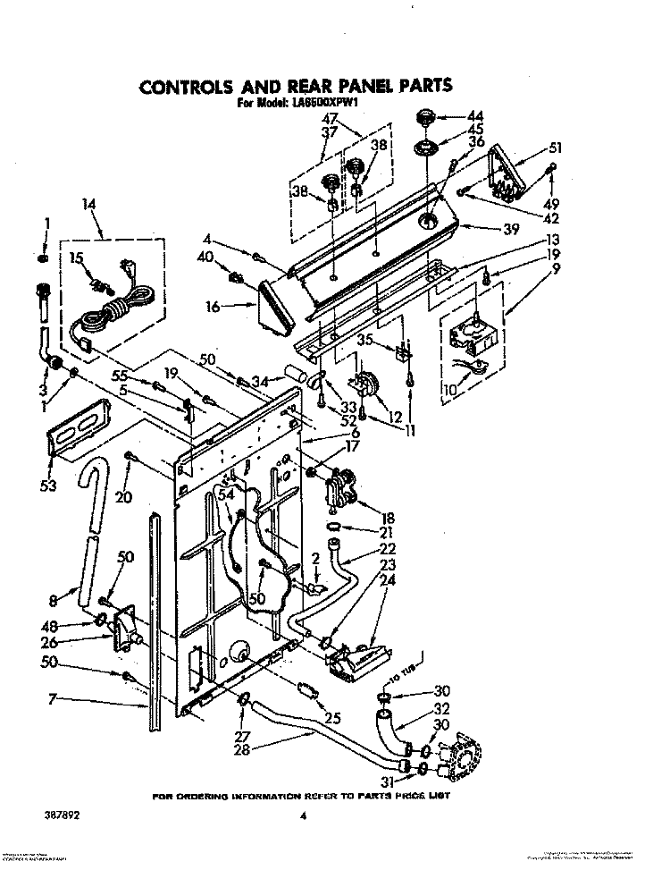 CONTROLS AND REAR PANEL Diagram and Parts List for LA6500XPW1  Whirlpool Washer