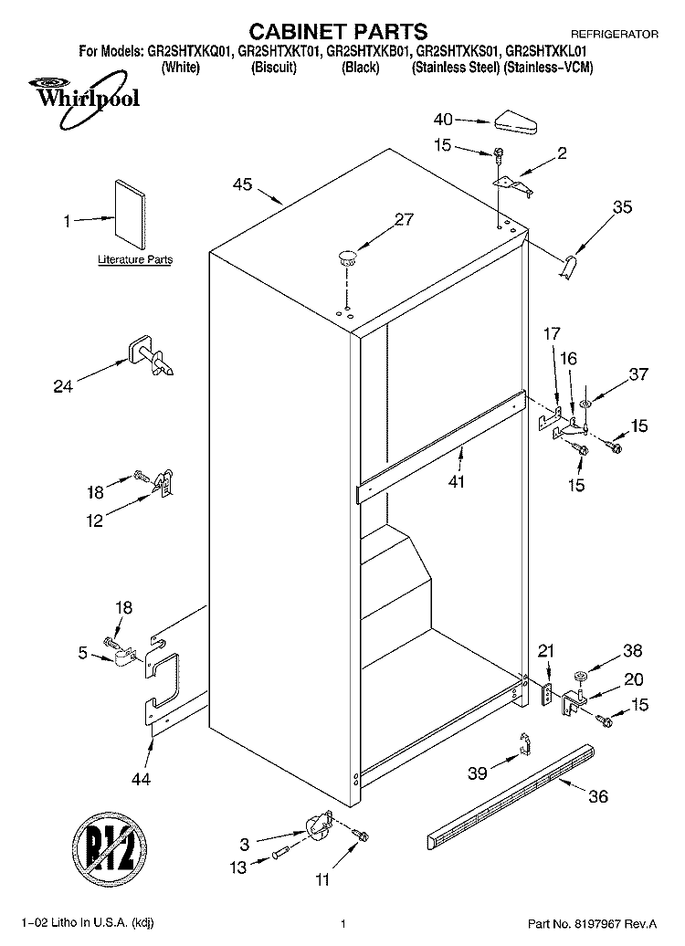 CABINET, LITERATURE Diagram and Parts List for GR2SHTXKL01  Whirlpool Refrigerator