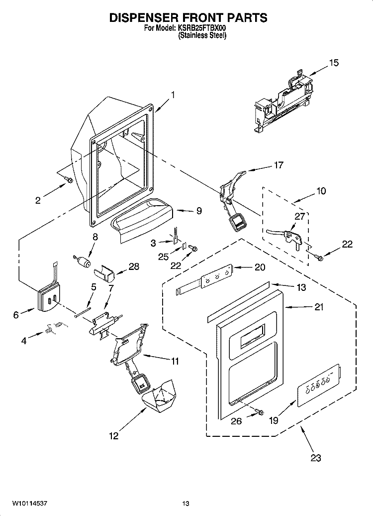 DISPENSER FRONT PARTS Diagram and Parts List for KSRB25FTBX00  KitchenAid Refrigerator