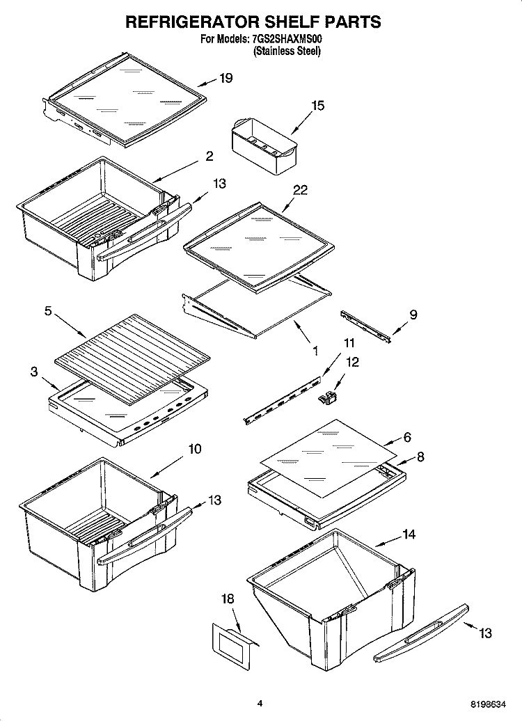 REFRIGERATOR SHELF PARTS Diagram and Parts List for 7GS2SHAXMS00  Whirlpool Refrigerator