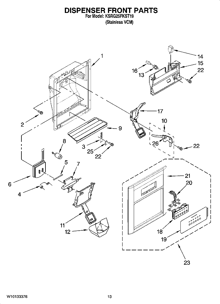 DISPENSER FRONT PARTS Diagram and Parts List for KSRG25FKST19  KitchenAid Refrigerator