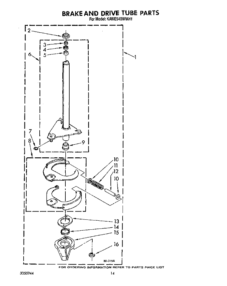 BRAKE AND DRIVE TUBE Diagram and Parts List for KAWE540WAL1  KitchenAid Washer