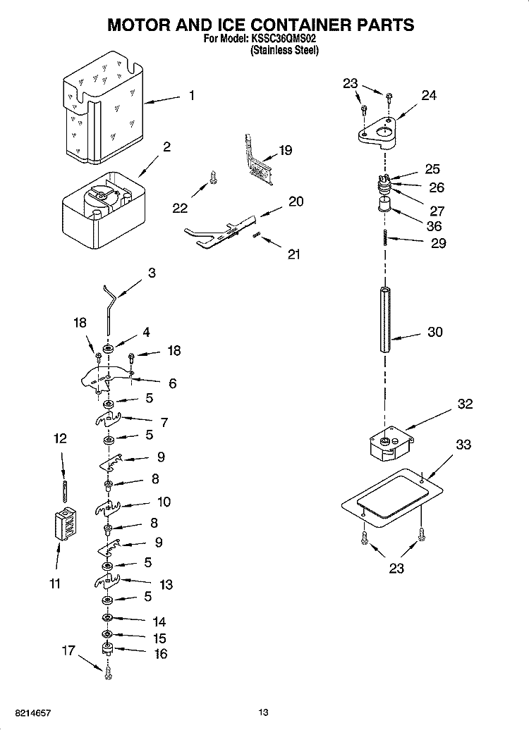 MOTOR AND ICE CONTAINER PARTS Diagram and Parts List for KSSC36QMS02  KitchenAid Refrigerator