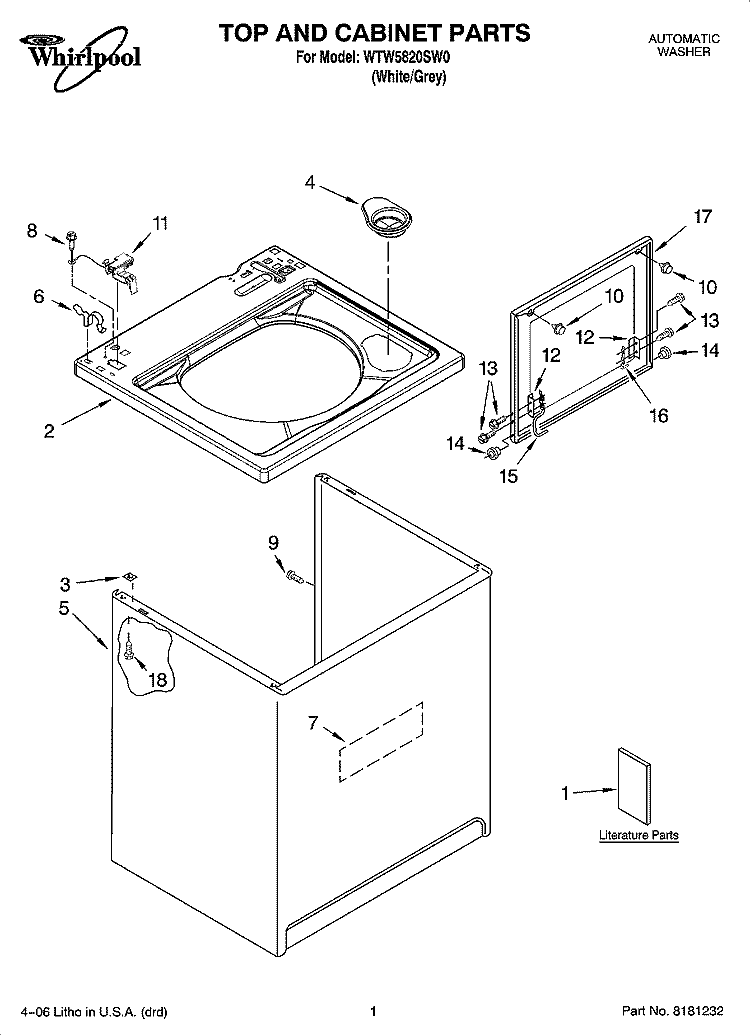 TOP AND CABINET PARTS Diagram and Parts List for WTW5820SW0  Whirlpool Washer