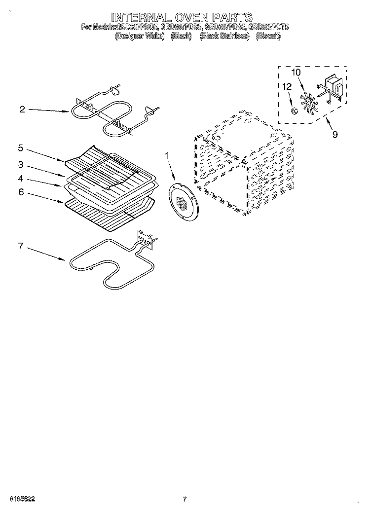 INTERNAL OVEN Diagram and Parts List for GBD307PDB5  Whirlpool Wall Oven