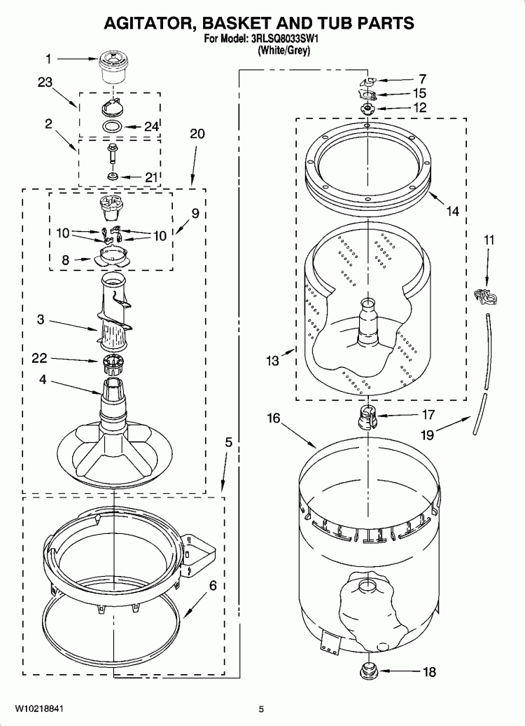 AGITATOR, BASKET AND TUB PARTS Diagram and Parts List for 3RLSQ8033SW1  Whirlpool Washer