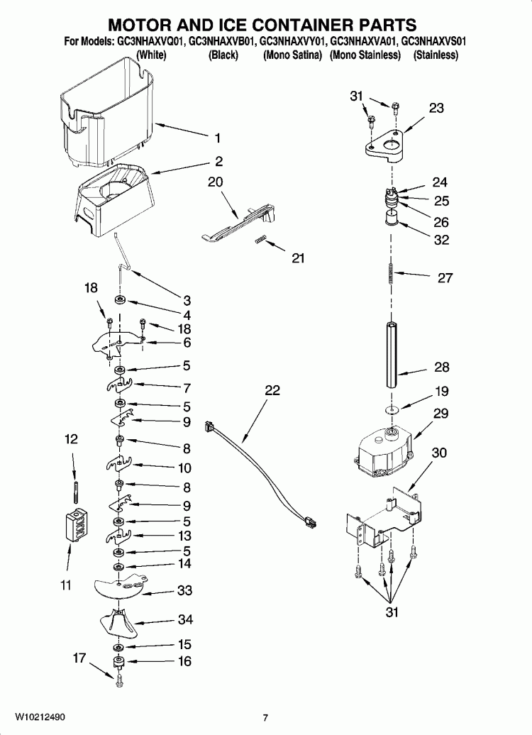 MOTOR AND ICE CONTAINER PARTS Diagram and Parts List for GC3NHAXVA01  Whirlpool Refrigerator