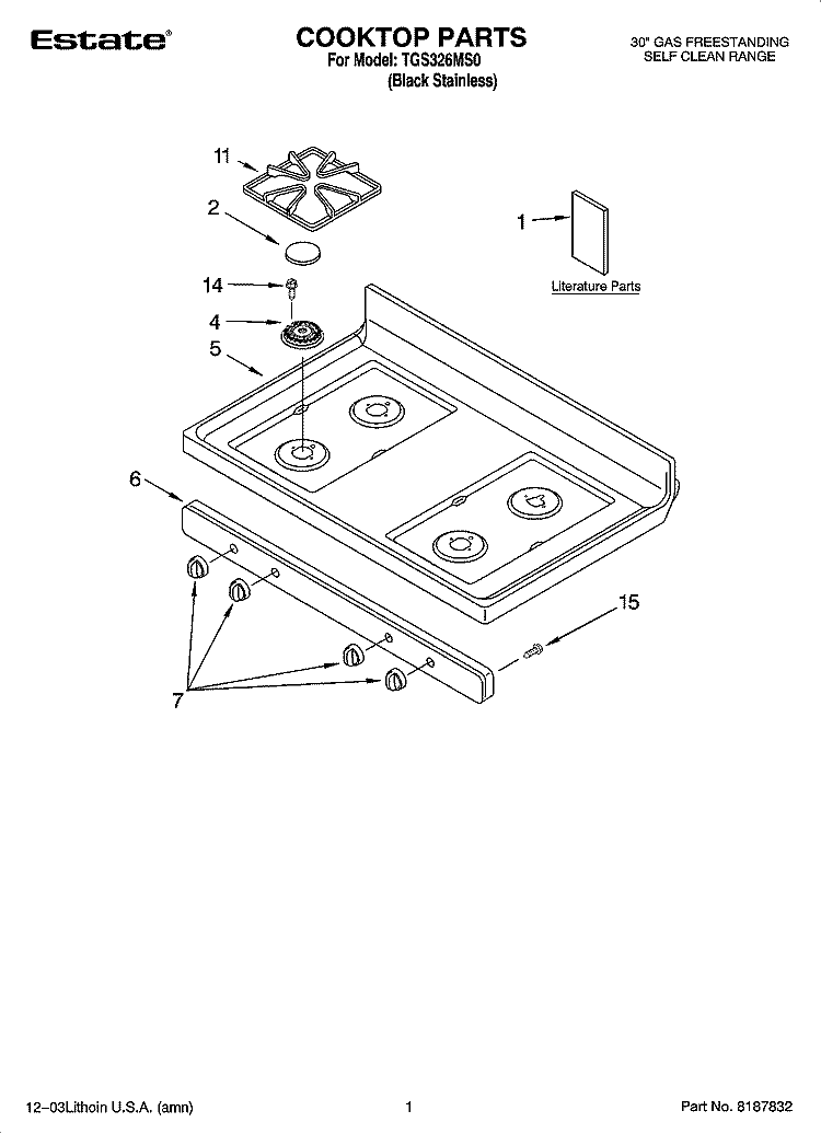 COOKTOP PARTS Diagram and Parts List for TGS326MS0  Estate Range