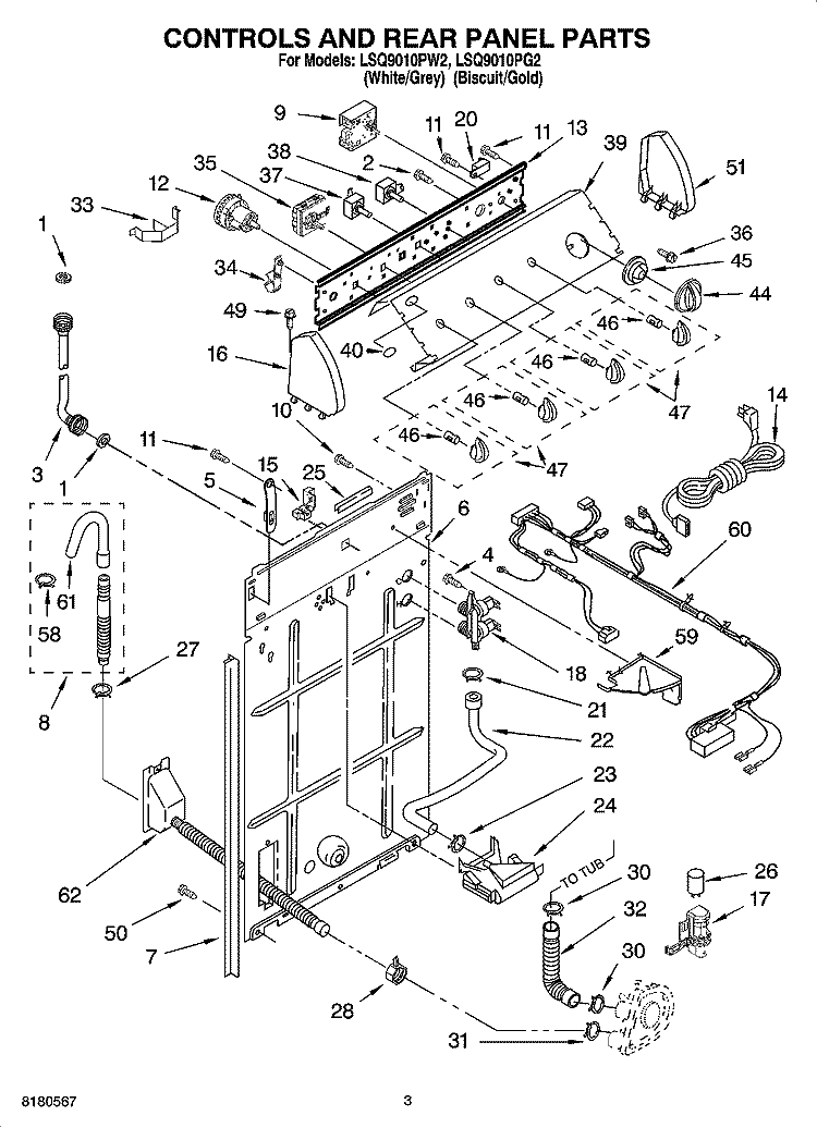 CONTROLS AND REAR PANEL PARTS Diagram and Parts List for LSQ9010PG2  Whirlpool Washer