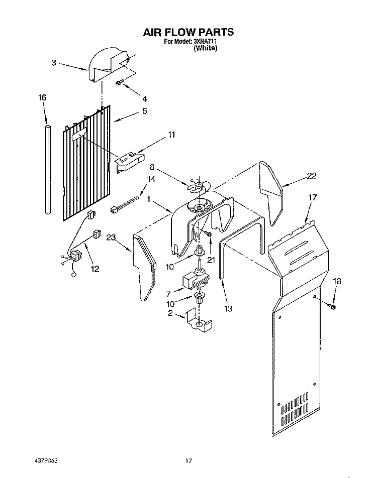 AIR FLOW Diagram and Parts List for 3XRA711  Whirlpool Refrigerator