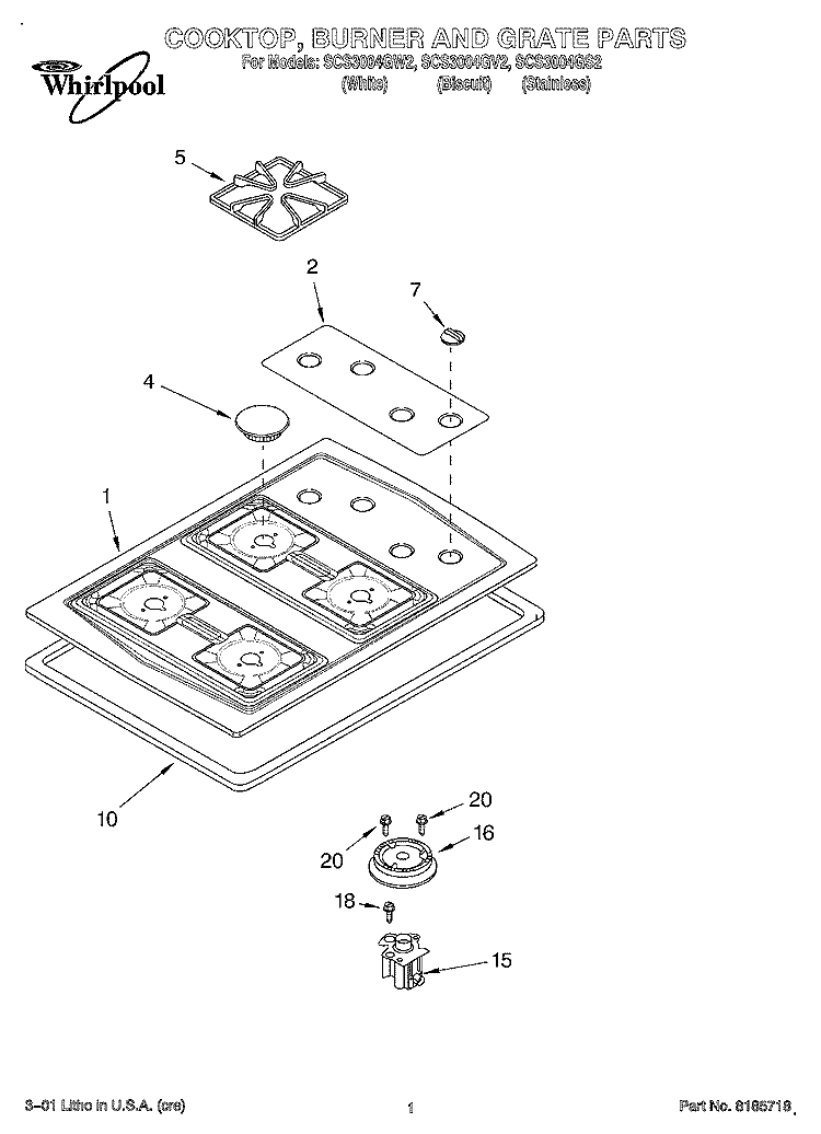 COOKTOP, BURNER AND GRATE Diagram and Parts List for SCS3004GV2  Whirlpool Cooktop