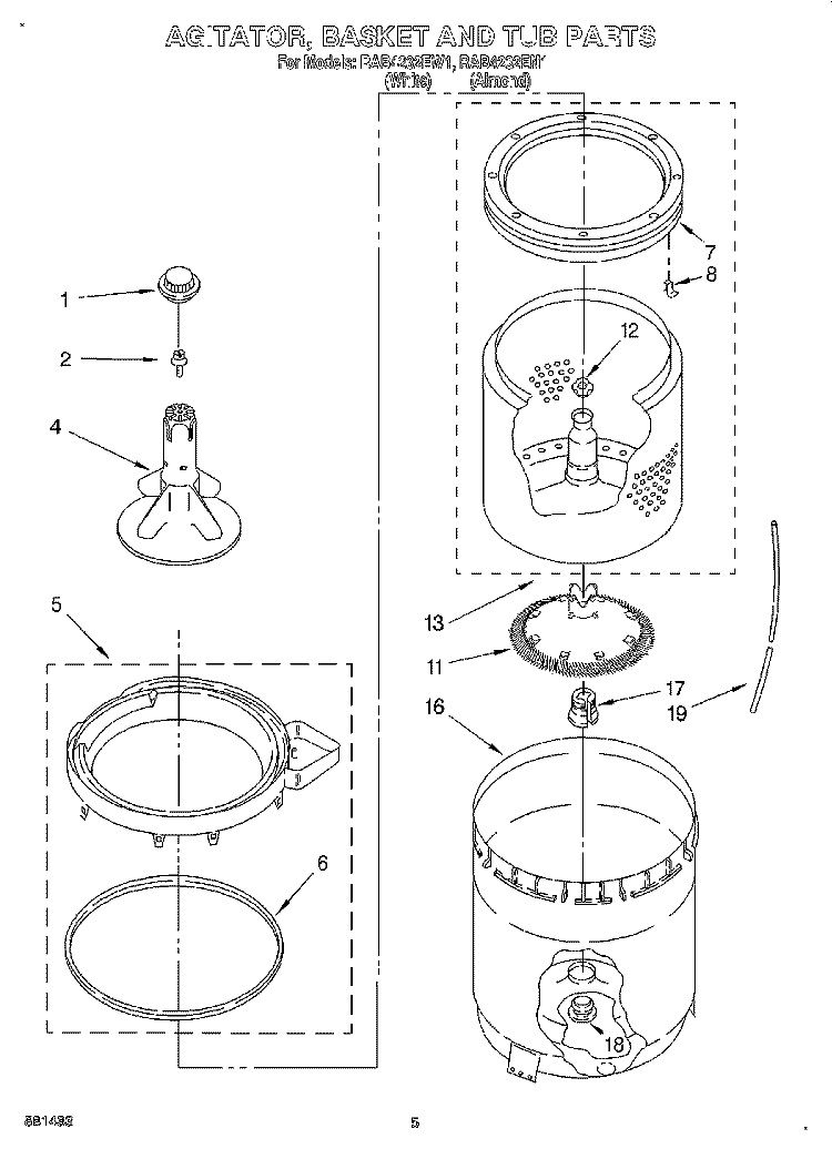 AGITATOR, BASKET AND TUB Diagram and Parts List for RAB4232EW1  Roper Washer