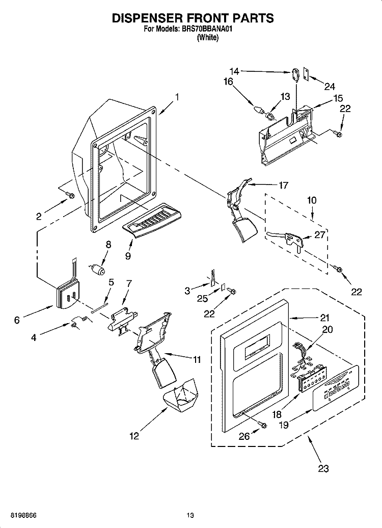 DISPENSER FRONT PARTS Diagram and Parts List for BRS70BBANA01  Whirlpool Refrigerator