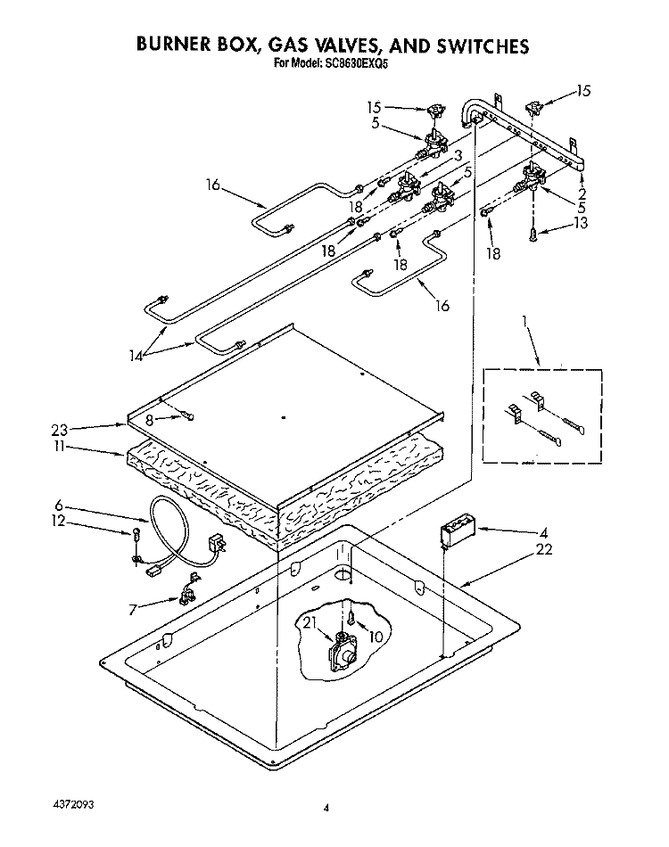BURNER BOX, GAS VALVES, AND SWITCHES Diagram and Parts List for SC8630EXQ5  Whirlpool Cooktop