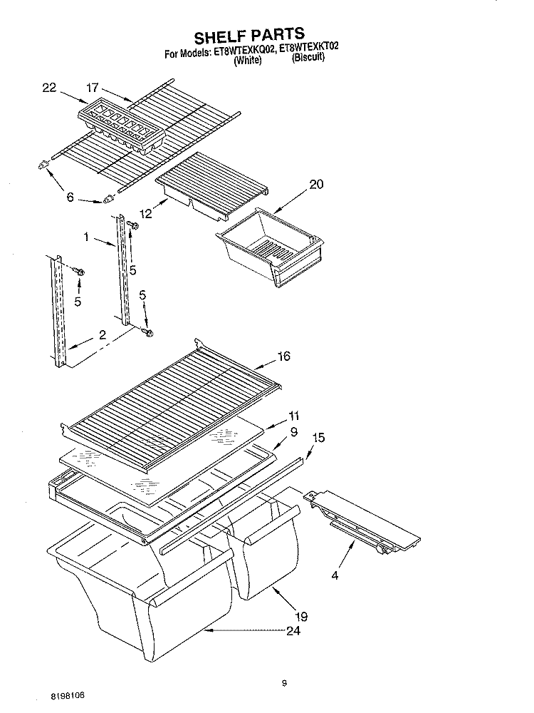 SHELF, OPTIONAL Diagram and Parts List for ET8WTEXKQ02  Whirlpool Refrigerator