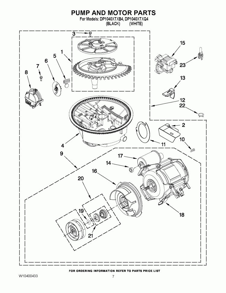 PUMP AND MOTOR PARTS Diagram and Parts List for DP1040XTXB4  Whirlpool Dishwasher