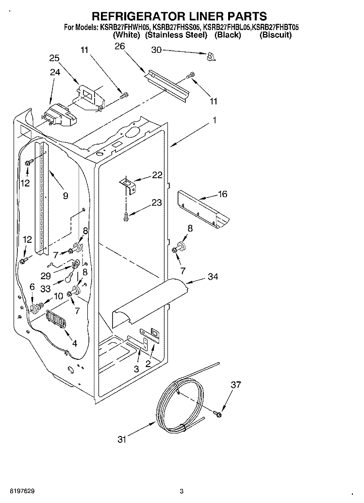 REFRIGERATOR LINER Diagram and Parts List for KSRB27FHBL05  KitchenAid Refrigerator