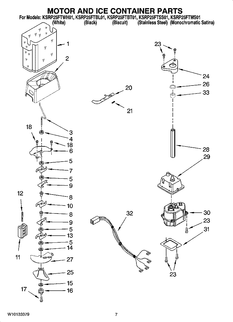 MOTOR AND ICE CONTAINER PARTS Diagram and Parts List for KSRP25FTSS01  KitchenAid Refrigerator