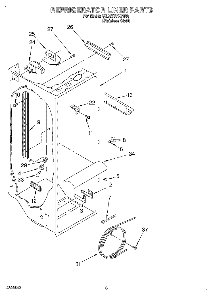 REFRIGERATOR LINER Diagram and Parts List for 6GD27DFXFS00  Whirlpool Refrigerator