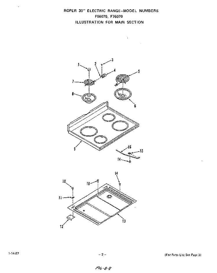 MAIN Diagram and Parts List for F7607W0  Roper Range