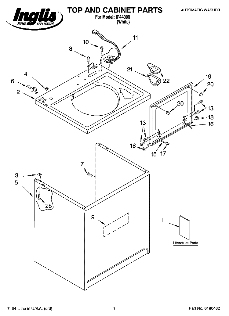 TOP AND CABINET PARTS Diagram and Parts List for IP44000  Inglis Washer