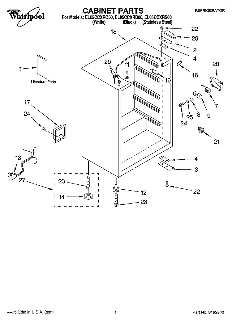 CABINET PARTS Diagram and Parts List for EL05CCXRB00  Whirlpool Refrigerator