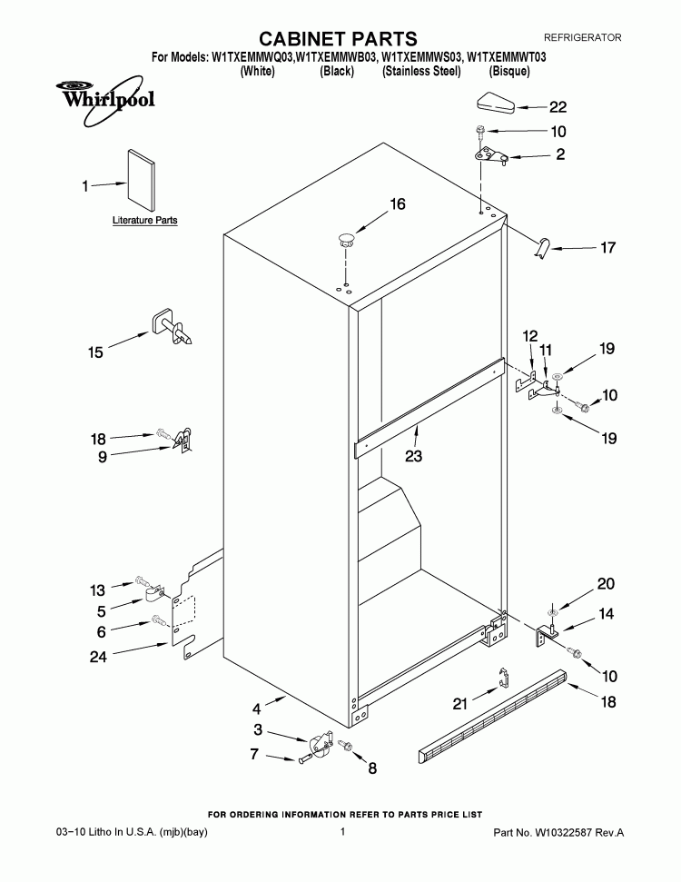 CABINET PARTS Diagram and Parts List for W1TXEMMWB03  Whirlpool Refrigerator
