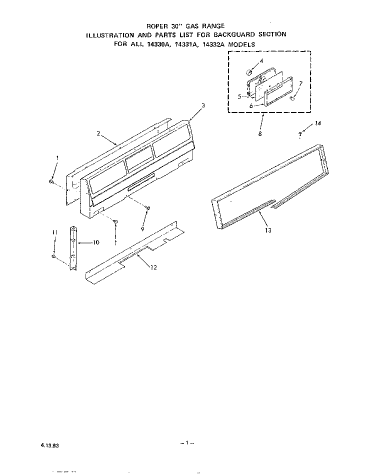 MAIN TOP Diagram and Parts List for 1433W1A  Roper Range