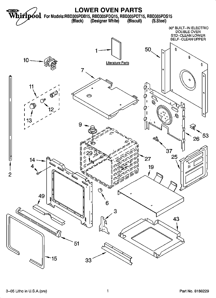 LOWER OVEN PARTS Diagram and Parts List for RBD305PDS15  Whirlpool Wall Oven