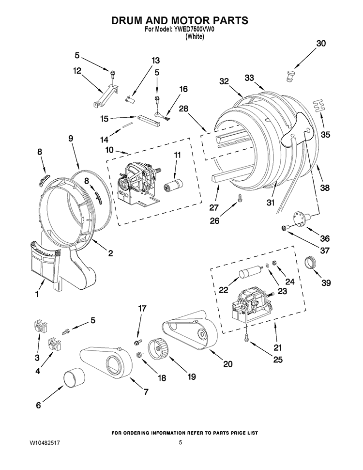 DRUM AND MOTOR PARTS Diagram and Parts List for YWED7500VW0  Whirlpool Dryer