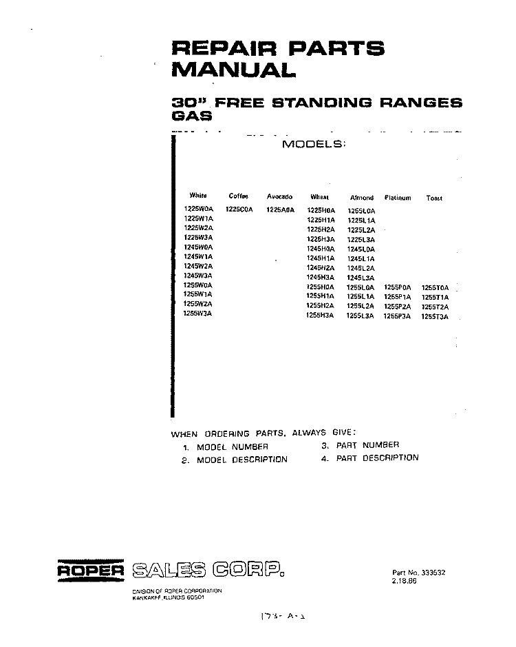 BACKGUARD Diagram and Parts List for 1225W3A  Roper Range