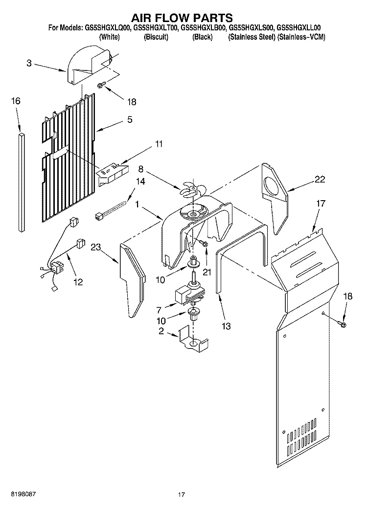 AIR FLOW Diagram and Parts List for GS5SHGXLQ00  Whirlpool Refrigerator