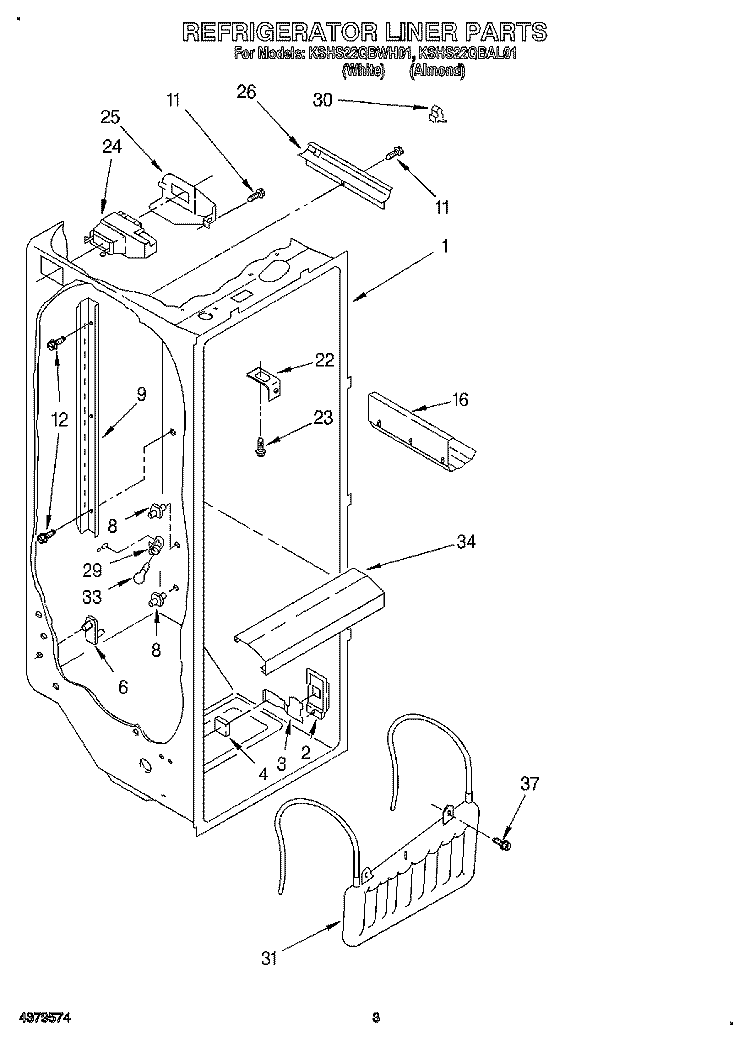 REFRIGERATOR LINER Diagram and Parts List for KSHS22QBWH01  KitchenAid Refrigerator